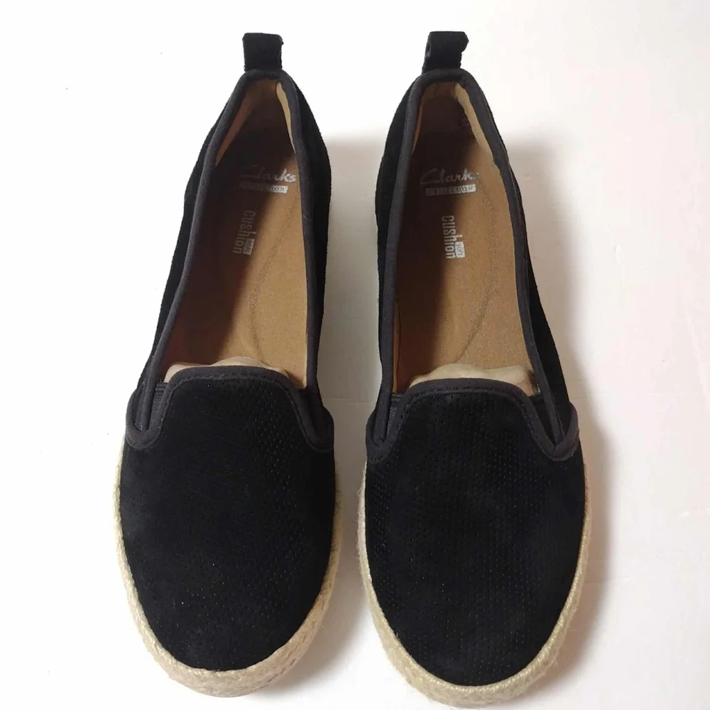 Clarks Azella Major Women’s 8.5 Black Suede Comfort Espadrille Flat Loafer NWT